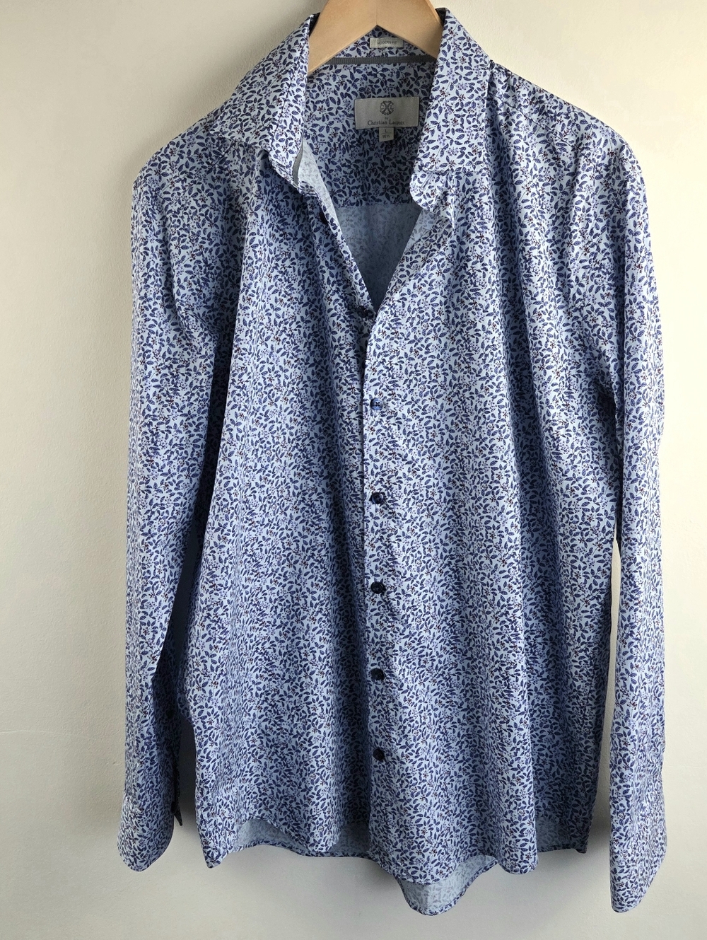Christian Lacroix Shirt Mens Large Blue Long Sleeve Button Up Floral Modern Fit